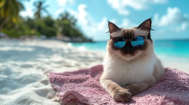 Cat in sunglasses on beach towel - Powered by Adobe