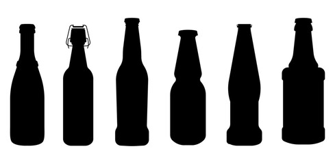 Beer Bottle Silhouettes Set. Bottle Silhouettes Set. Beer, Beverage and Drink Container Vector Collection.