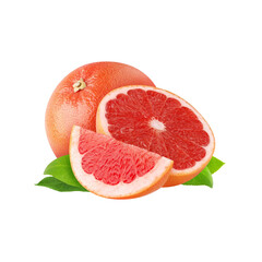 Fresh Grapefruit Slices and Whole Fruit on Green Leaves.