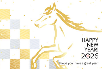 2026年　日本の年賀素材　市松模様に馬
