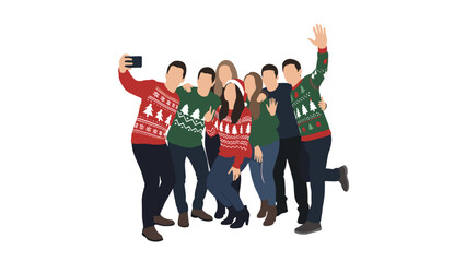 Festive fun group selfie with holiday sweaters spreading Christmas cheer, vector design