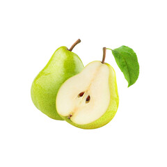 Fresh Green Pear Halved and Whole on White Background.