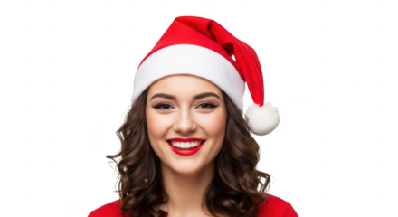Smiling woman wearing a santa hat, isolated on transparent background