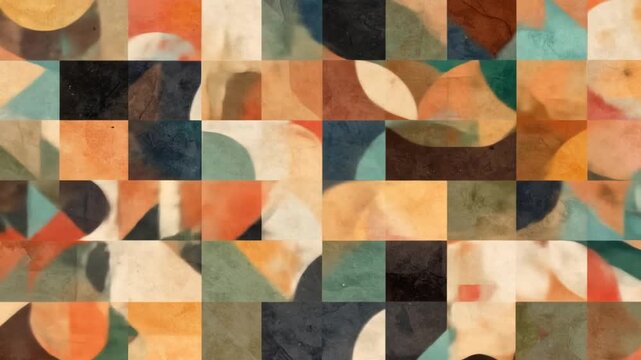 A colorful and textured abstract artwork composed of squares, circles and patches of color