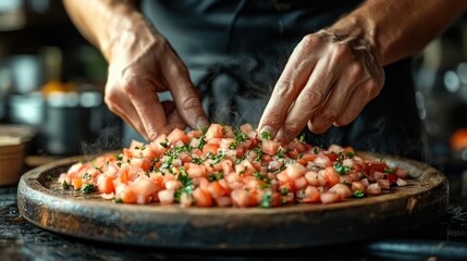 Chef's hands carefully preparing diced tomatoes and herbs on a wooden board