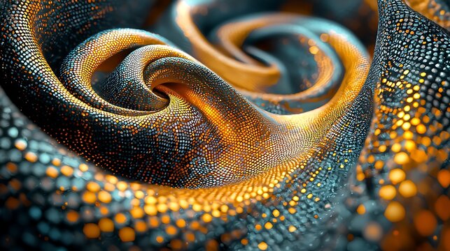 Abstract metallic fabric texture in swirling gold and blue scales. A close-up of iridescent shimmering material with glowing light reflections, creating a dynamic and luxurious background.