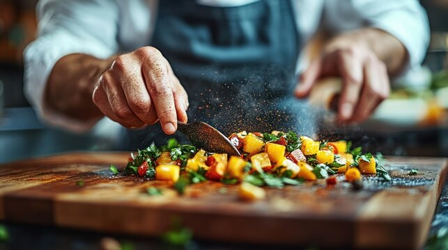 Chef preparing colorful diced vegetables on a wooden board - Powered by Adobe