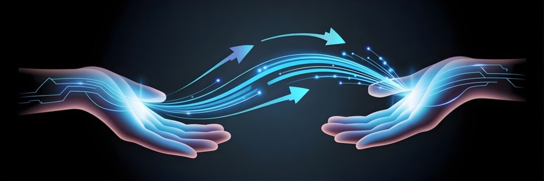 Futuristic hands with streams of glowing arrows for seamless data exchange – Great for global finance, internet speed, or technological connection.