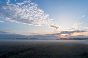 A misty field with grass with a beautiful sky with clouds and the sun starts to rise. The air is cool and damp. The scene is quiet and peaceful with sense of solitude and calm. Dwingelderveld in the N