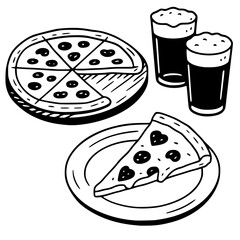 Hand-drawn black vector illustration of a whole pizza and a slice on a plate, served with two refreshing, foamy glasses of beer or cold beverage.