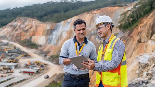 Construction Site Collaboration: Two construction workers engrossed in a discussion, examining a tablet against a backdrop of ongoing construction.