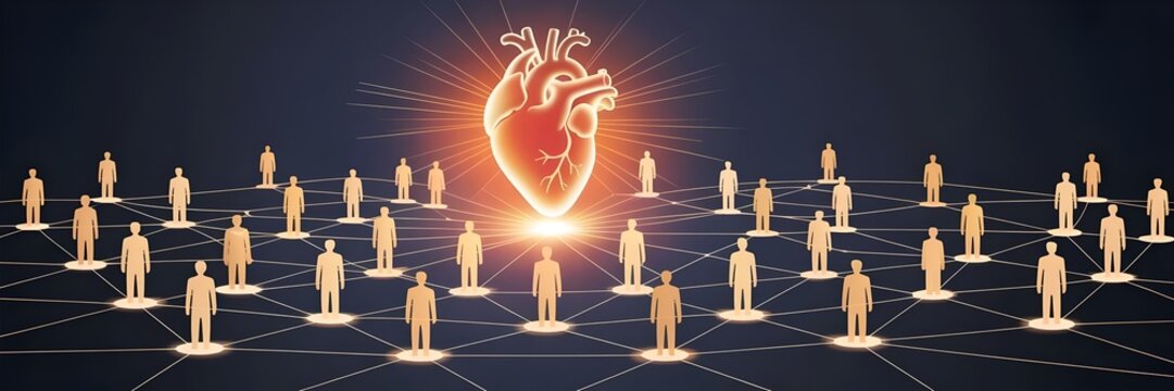 Digital art of glowing heart and interconnected human nodes – Conceptual image for shared compassion, social web, and technology. - Powered by Adobe