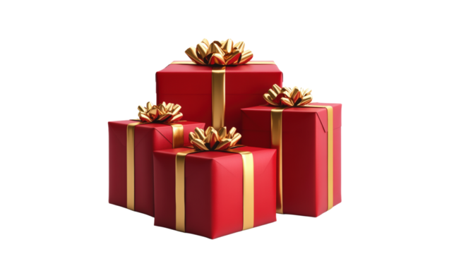 Red gift boxes with gold ribbon isolated on a transparent background 2