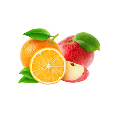 Fresh Orange and Apple Fruits with Leaves.