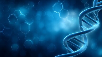 Abstract DNA helix with glowing molecular structures on deep blue background, futuristic scientific illustration representing genetics, biotechnology and medical research
