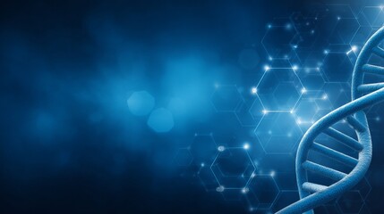 Abstract DNA double helix with glowing molecular network on deep blue background, futuristic scientific illustration symbolizing genetics, biotechnology and medical innovation