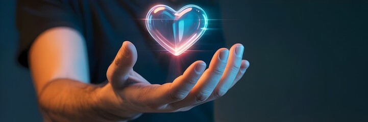 Hand Reaching Toward Floating Holographic Heart Symbol in Darkness – Ideal for human connection, digital emotion, or virtual reality (VR) compassion.