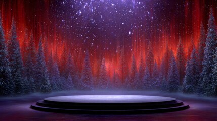 Winter stage with glowing red lights and snowy forest, magical holiday background with illuminated trees, frosty atmosphere and sparkling night sky
