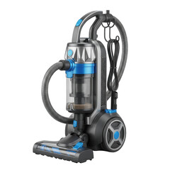 Fototapeta premium Modern cordless vacuum cleaner with blue accents and attachments isolated on transparent background