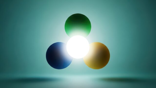 Three glowing colored orbs radiating light in a dark ethereal abstract space - Powered by Adobe