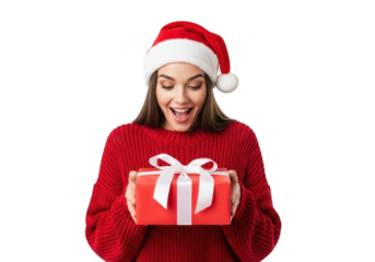 Surprised woman in santa hat holding red gift box, isolated on transparent background