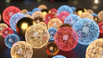 Abstract glowing spheres with intricate wireframe patterns and metallic orb, representing data, technology, and interconnectedness in a modern design.