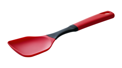 Red silicone spatula with black handle isolated on a transparent background
