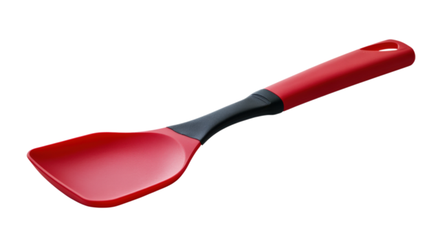 Red silicone spatula with black handle isolated on a transparent background