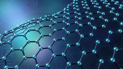 Obraz premium 3D visualization of a graphene nanostructure with hexagonal atomic lattice, representing nanotechnology, advanced materials, molecular engineering, and futuristic science concepts.