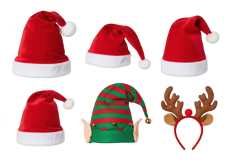 Collection of christmas hats and reindeer antlers isolated on transparent background