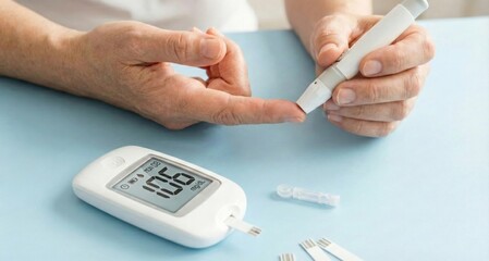 Person checking blood sugar with a glucometer, showing diabetes monitoring and health care awareness, ideal for World Diabetes Day and medical education themes.