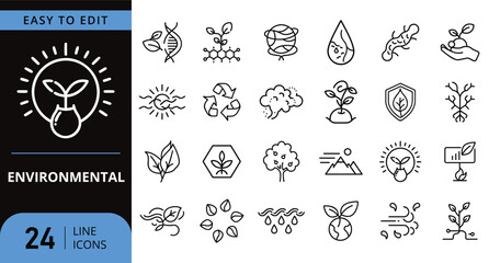 Environmental sustainability and nature ecology modern line icons set.