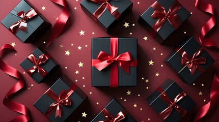 Luxurious Black Gift Boxes with Red Satin Ribbons on Elegant Red Background for Festive Celebration Themes