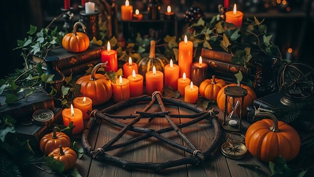 Enchanting pagan setup featuring a natural wood pentagram, lush greenery, and flickering candles for spiritual rituals.