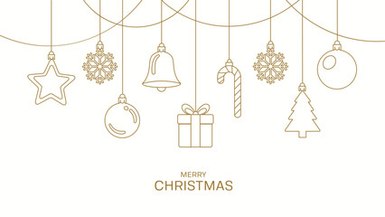 Fototapeta premium Luxury minimalist gold Christmas vector greeting card; Hanging snowflakes bell gift candy cane line art decoration template