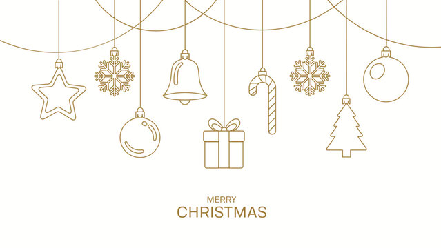 Luxury minimalist gold Christmas vector greeting card; Hanging snowflakes bell gift candy cane line art decoration template