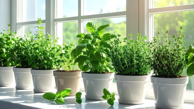 Row Of Potted Fresh Green Herbs Growing On A Sunny Windowsill With Natural Light And Out Of Focus Greenery Outside