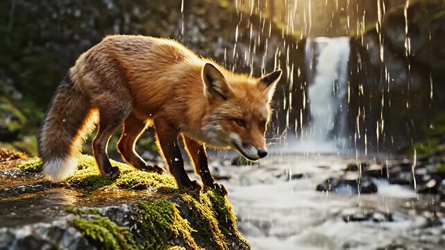 Captivating Red Fox Gazing in Golden Sunlight on Mossy Rocks by a Serene Waterfall with Drizzling Rain Stunning Wild Animal Nature Scene