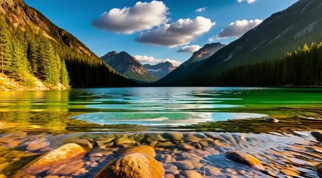 Scenic mountain lake surrounded by trees and rocky shoreline   - Powered by Adobe