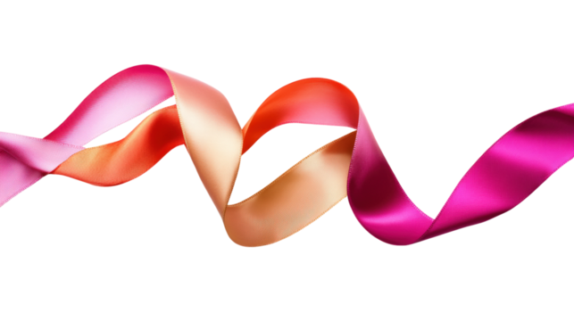 Wavy satin ribbon in pink and orange isolated on a transparent background