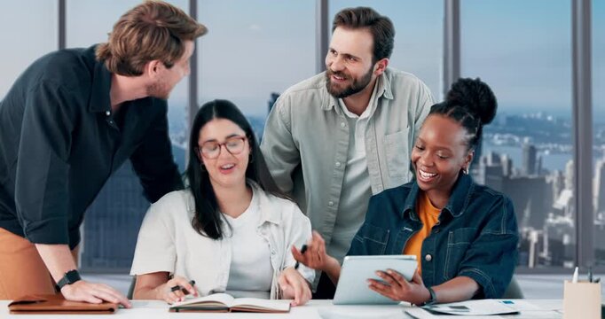 Business, people and reading with tablet in office for discussion, review article and manuscript. Staff, team and talking with digital for headline feedback, proofreading story and publication update