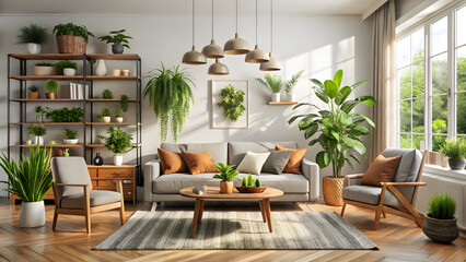 Obraz premium Serene living room with indoor plants bringing nature inside for a calming, modern home interior with natural light and cozy decor elements