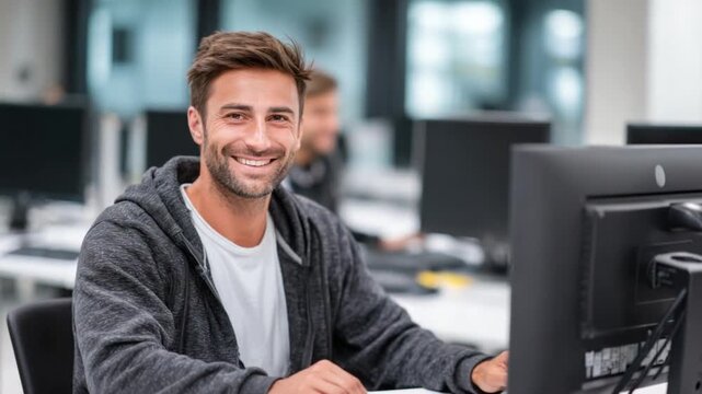 Smiling in the Office: A radiant professional, engrossed in his computer in a modern office environment. Emitting a sense of engagement and joy in the professional sphere.