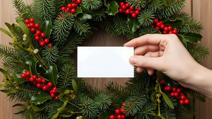 Hand Holding Blank White Card Over Festive Green Christmas Wreath with Red Berries on a Wooden Table