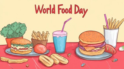 Illustration celebrating world food day featuring a variety of fast food items like burgers, french fries, drinks, and fruit on a table