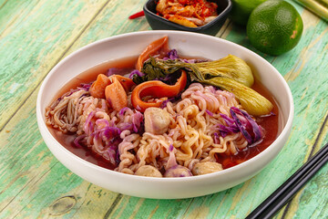 Korean kimchi beef noodles soup