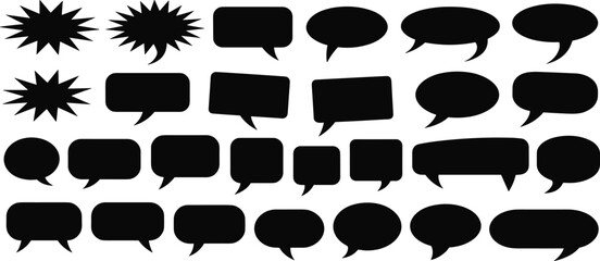 Black comic speech bubble vector set, blank dialog balloon icons, cartoon silhouette shapes, pop art style, editable design elements