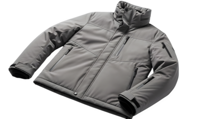 Grey puffer jacket with high collar, isolated on transparent background