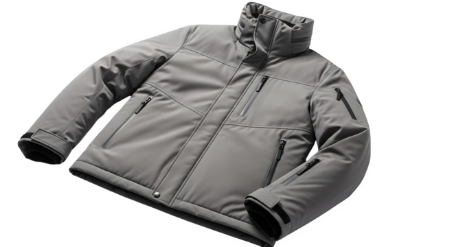 Grey puffer jacket with high collar, isolated on transparent background