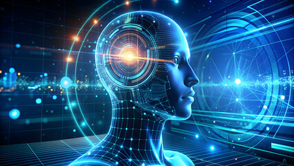 Futuristic AI brain interface with glowing energy, perfect for technology concepts or modern science breakthroughs and digital innovation projects.